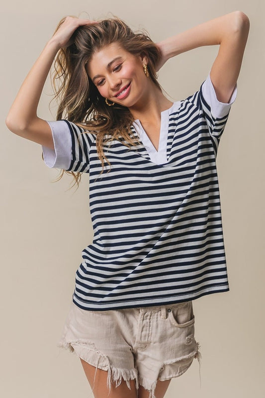 BiBi Contrast Striped Notched Knit Top - Runway Regalia