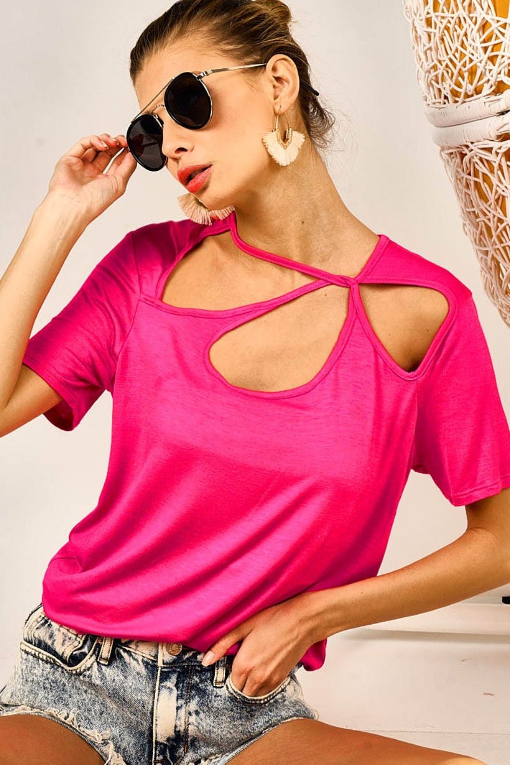 BiBi Cutout Asymmetrical Neck Short Sleeve T-Shirt - Runway Regalia