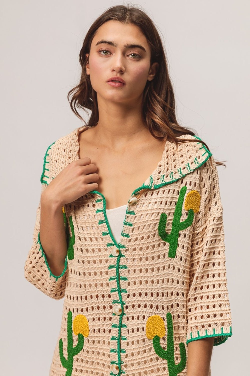 BiBi Edge Stitched Cactus Patch Sweater Cardigan - Runway Regalia