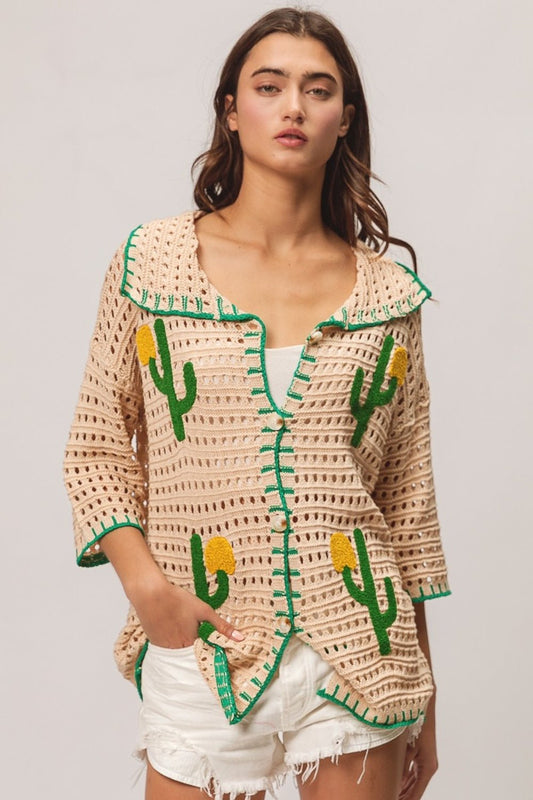 BiBi Edge Stitched Cactus Patch Sweater Cardigan - Runway Regalia