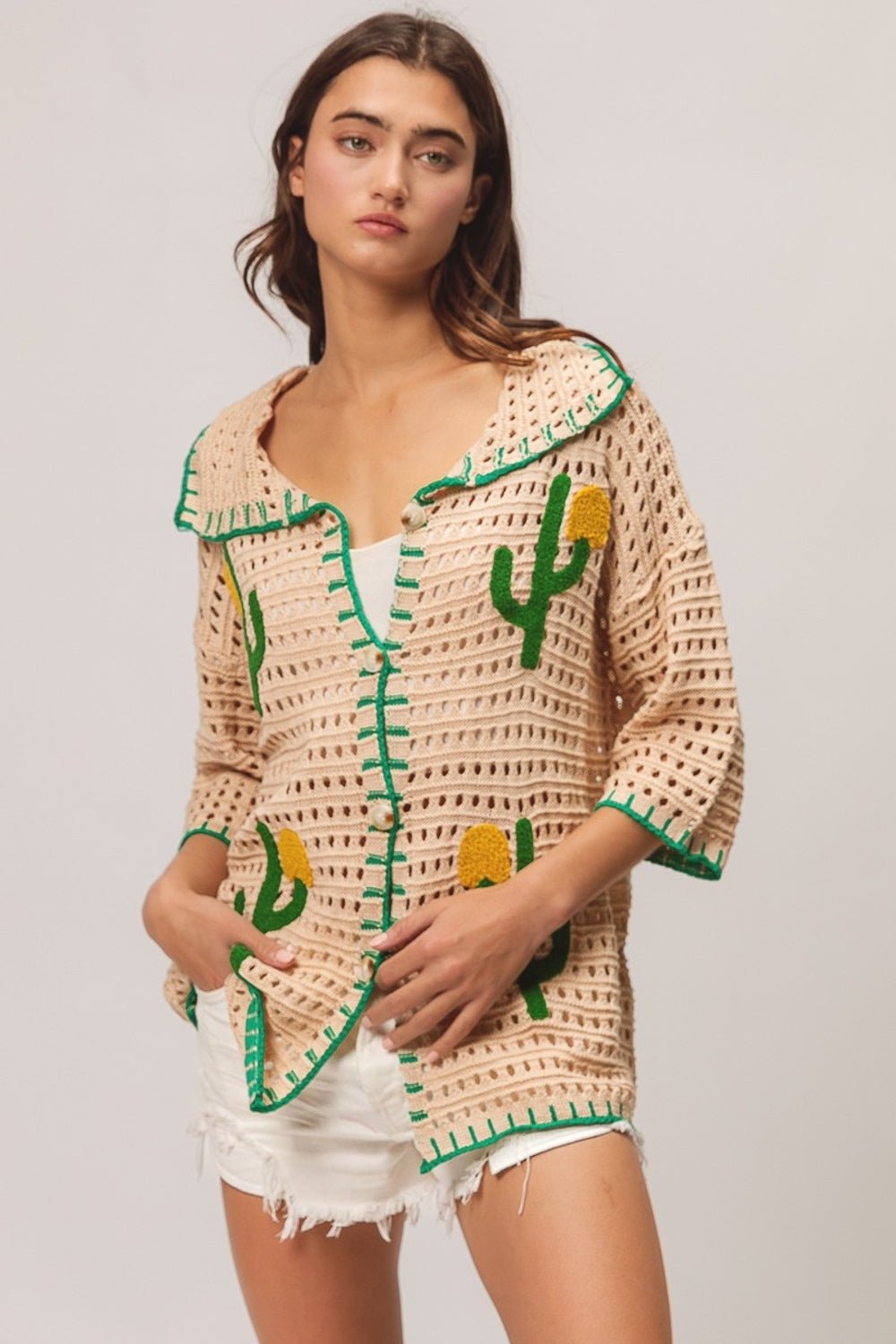 BiBi Edge Stitched Cactus Patch Sweater Cardigan - Runway Regalia