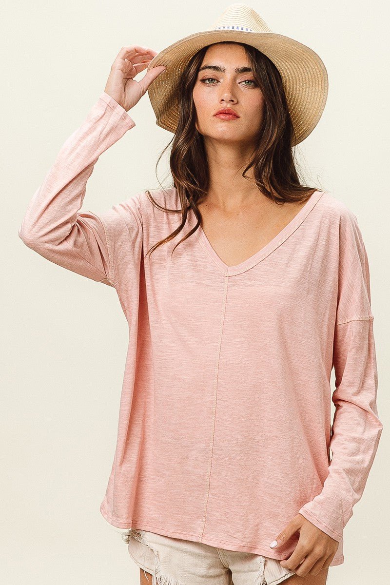 BiBi Exposed Seam V - Neck Long Sleeve T-Shirt - Runway Regalia