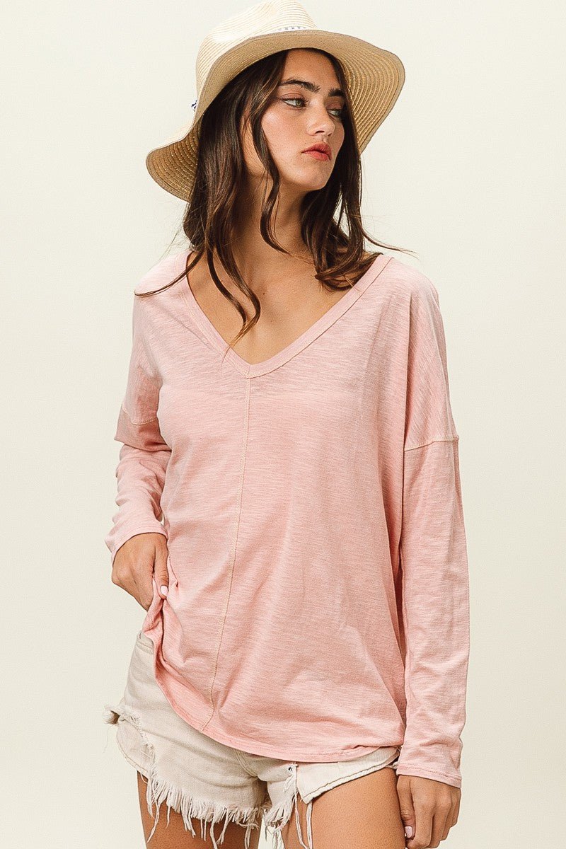 BiBi Exposed Seam V - Neck Long Sleeve T-Shirt - Runway Regalia