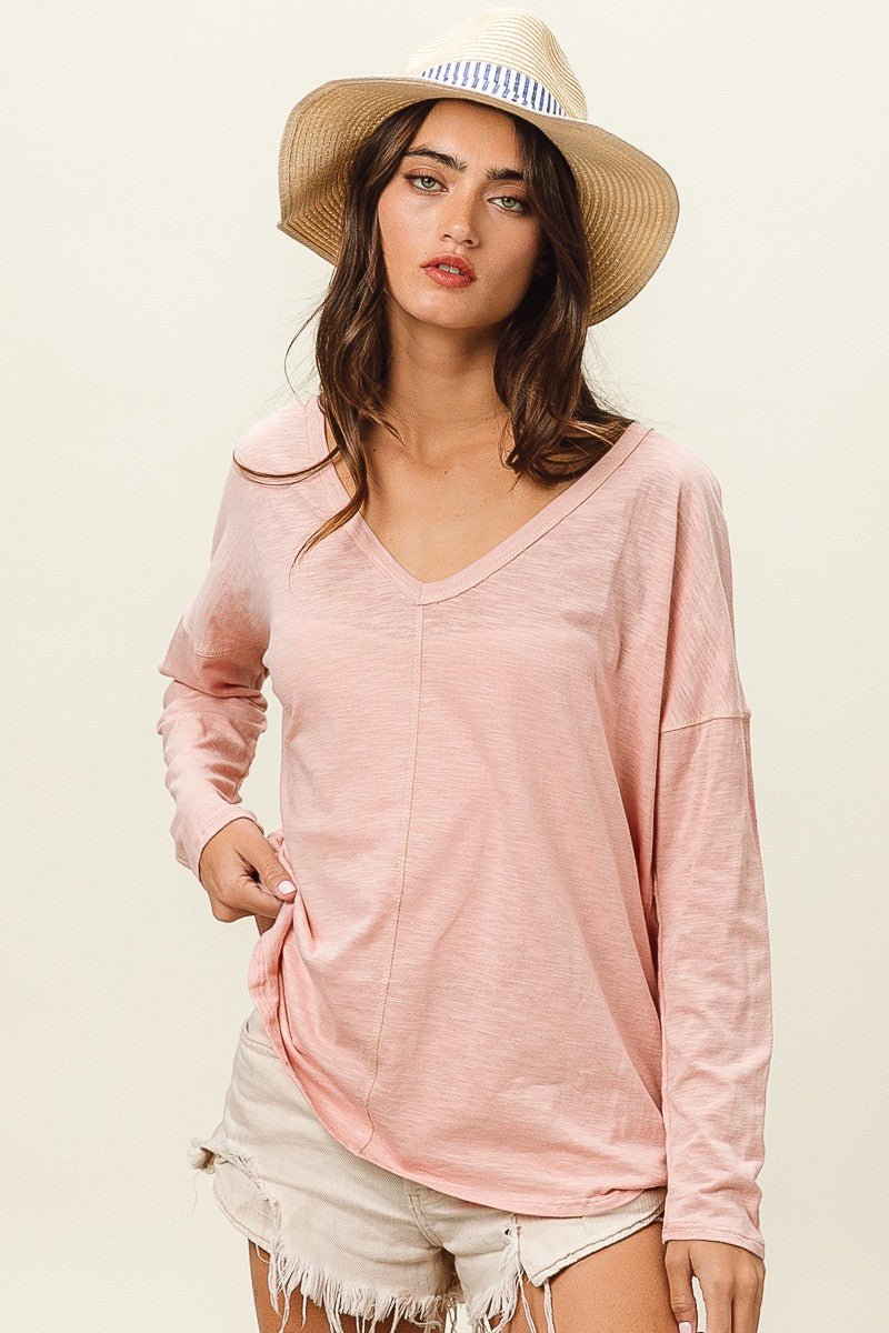 BiBi Exposed Seam V - Neck Long Sleeve T-Shirt - Runway Regalia