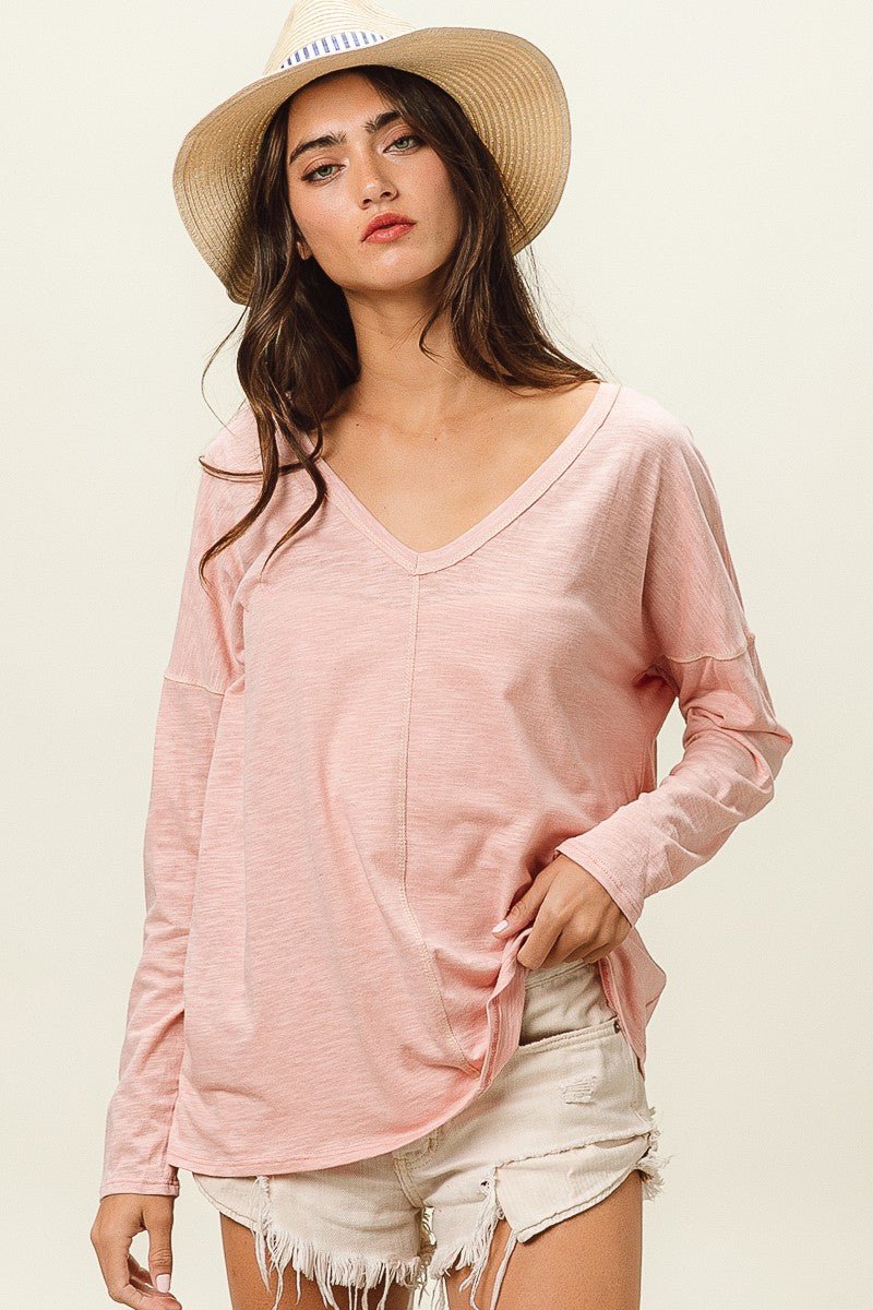 BiBi Exposed Seam V - Neck Long Sleeve T-Shirt - Runway Regalia