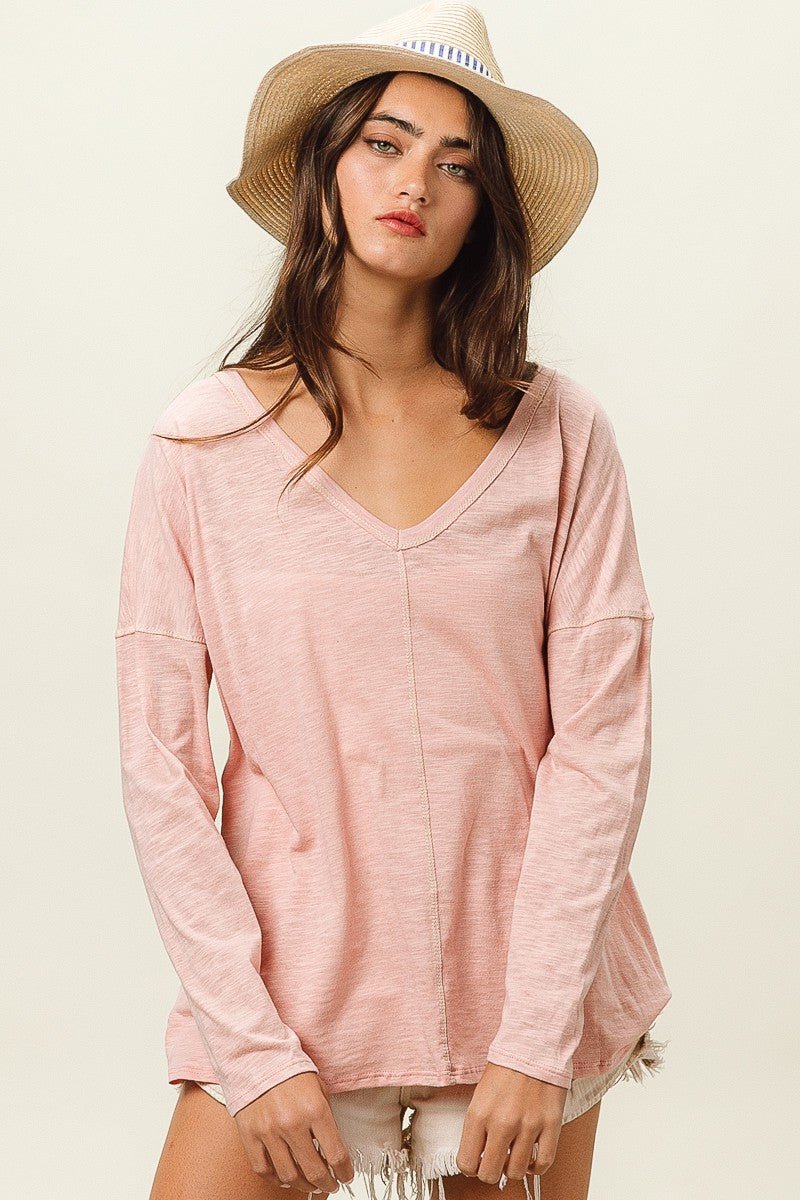 BiBi Exposed Seam V - Neck Long Sleeve T-Shirt - Runway Regalia