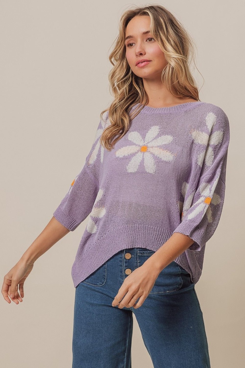 BiBi Floral Pattern Slit Sweater - Runway Regalia