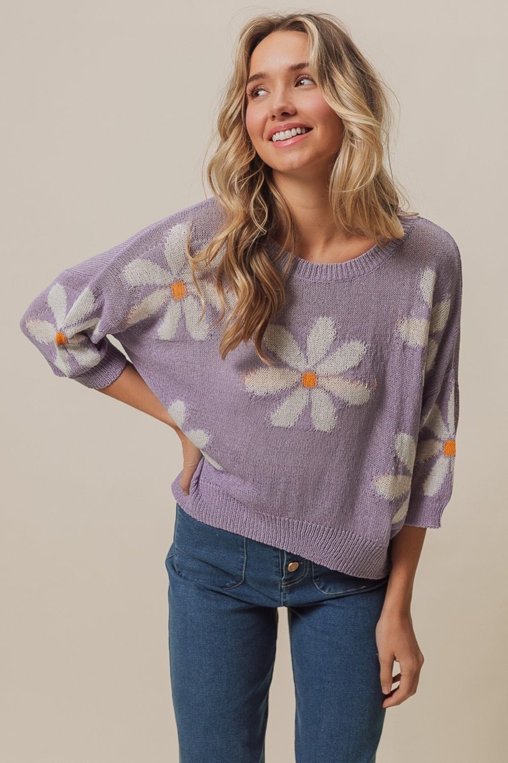 BiBi Floral Pattern Slit Sweater - Runway Regalia