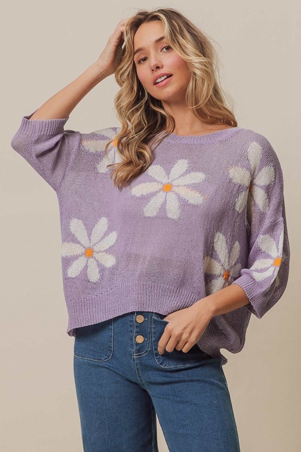 BiBi Floral Pattern Slit Sweater - Runway Regalia