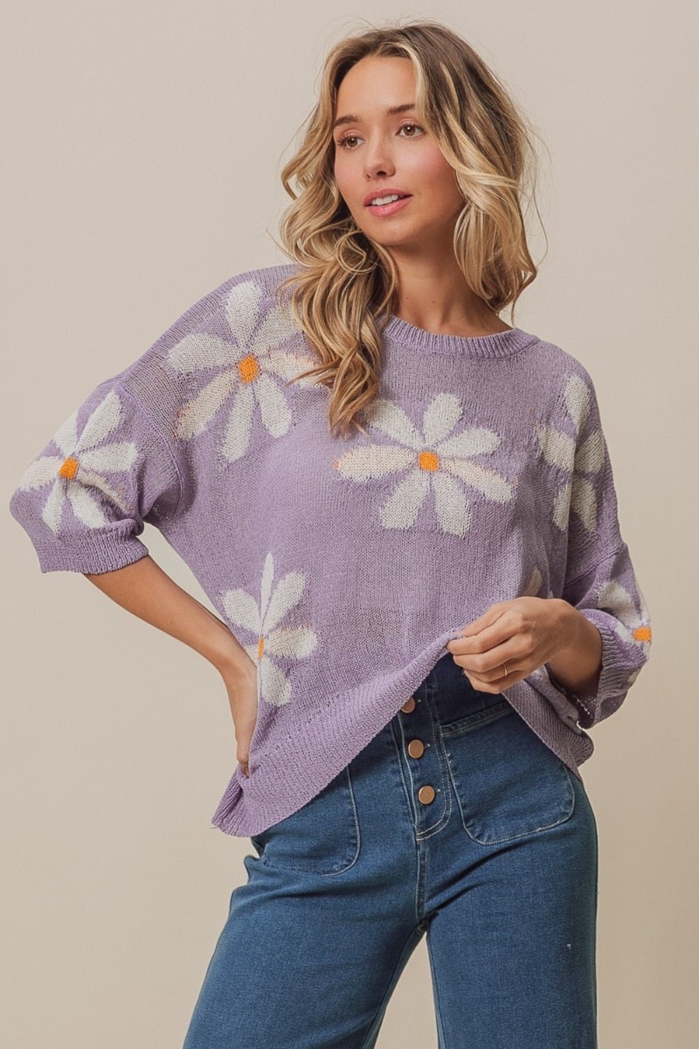 BiBi Floral Pattern Slit Sweater - Runway Regalia