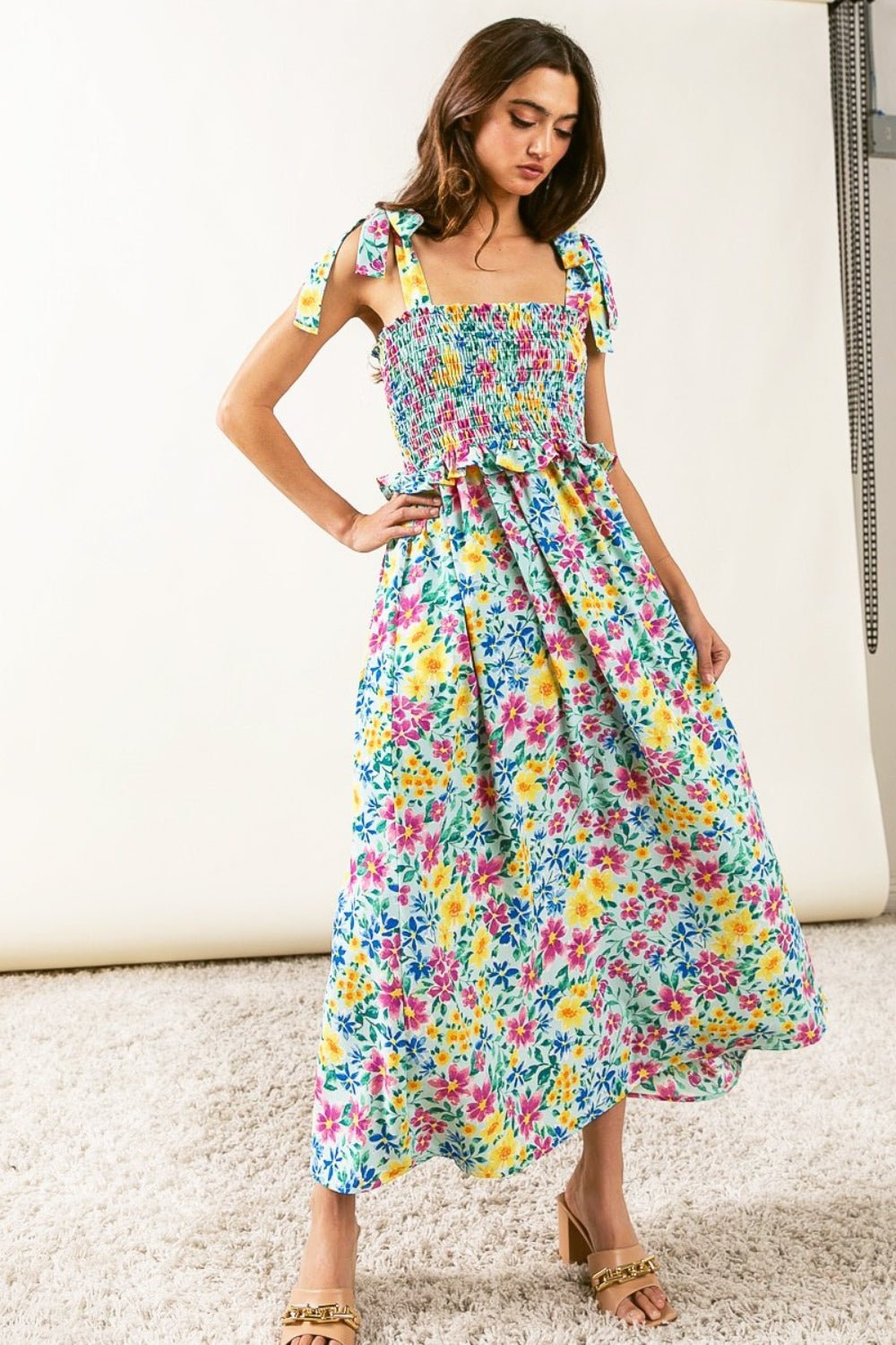 BiBi Floral Ruffle Trim Smocked Cami Dress - Runway Regalia