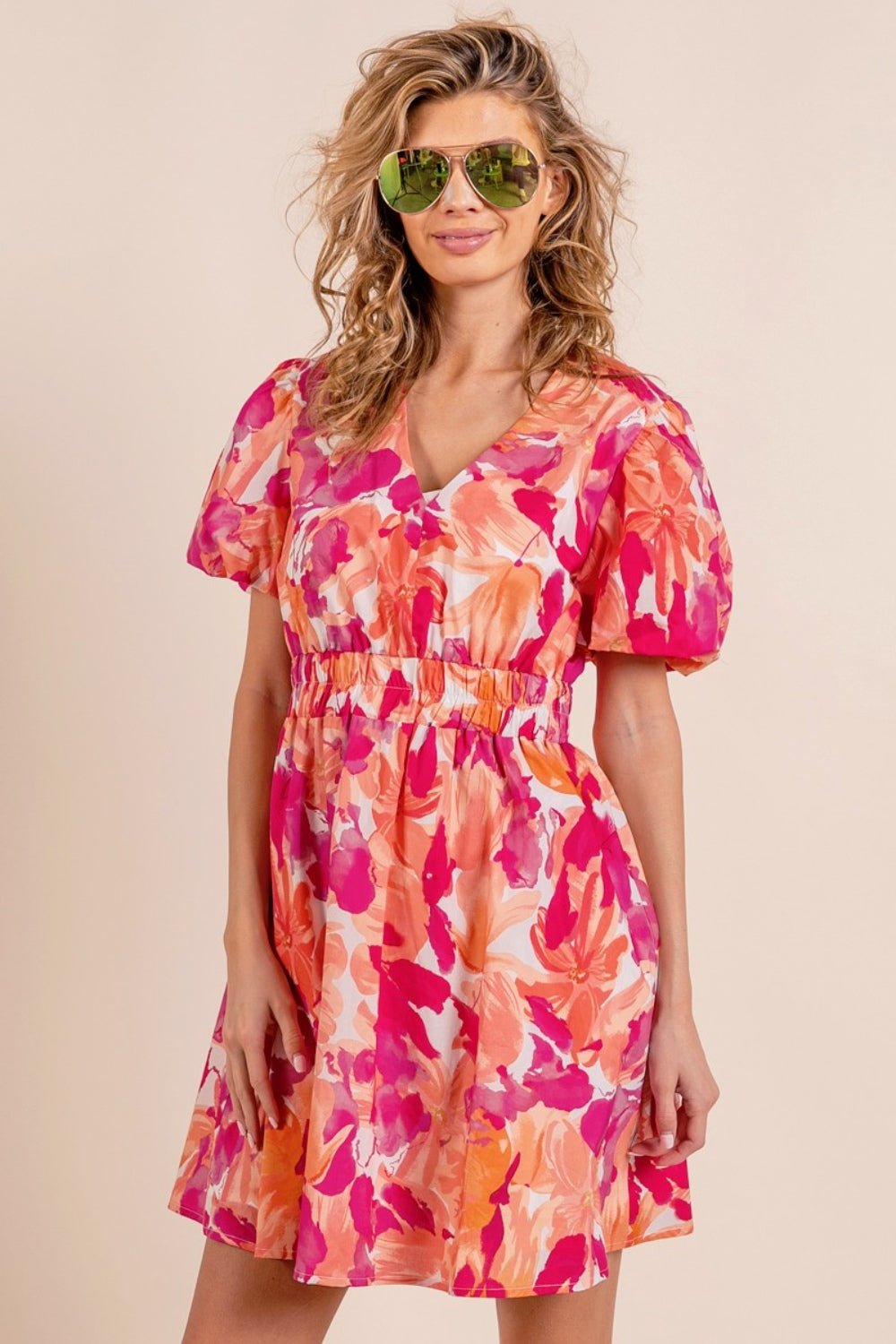 BiBi Floral V - Neck Puff Sleeve Mini Dress - Runway Regalia