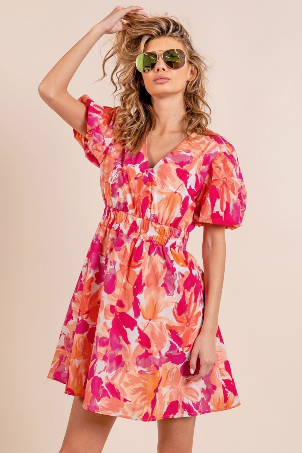 BiBi Floral V - Neck Puff Sleeve Mini Dress - Runway Regalia