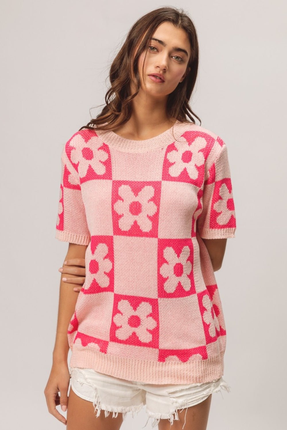 BiBi Flower Checker Pattern Short Sleeve Sweater - Runway Regalia