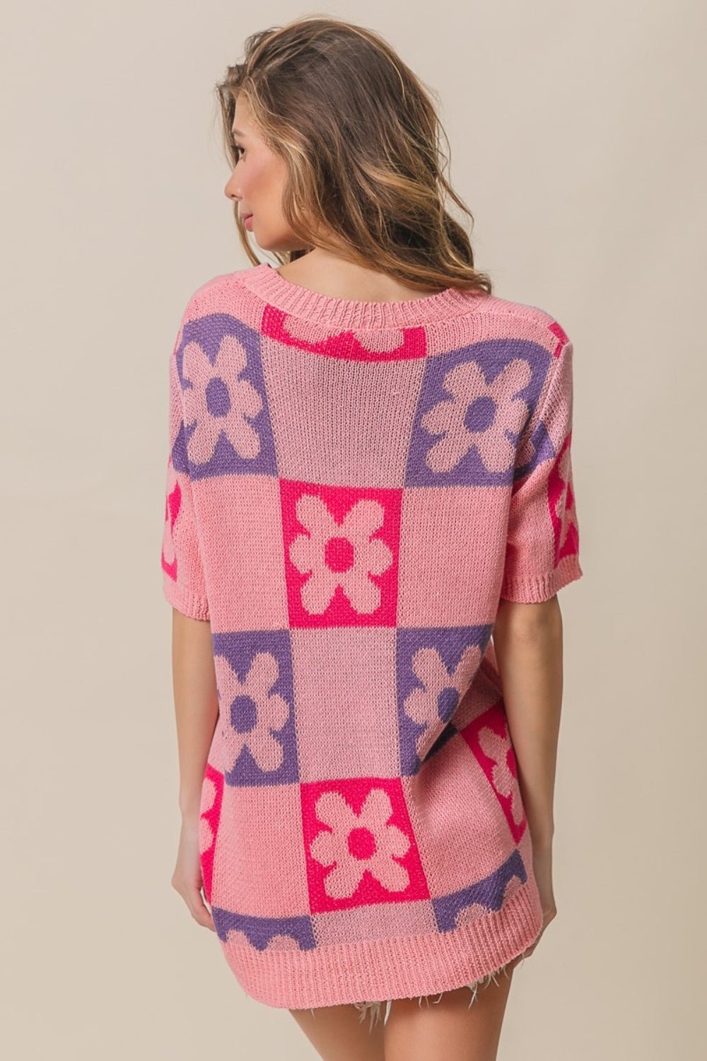 BiBi Flower Checker Pattern Short Sleeve Sweater - Runway Regalia