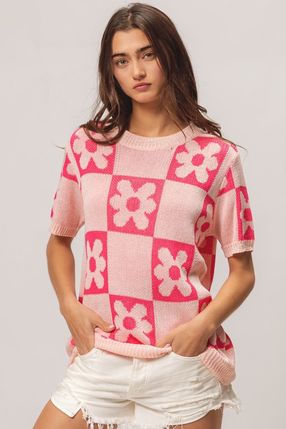 BiBi Flower Checker Pattern Short Sleeve Sweater - Runway Regalia