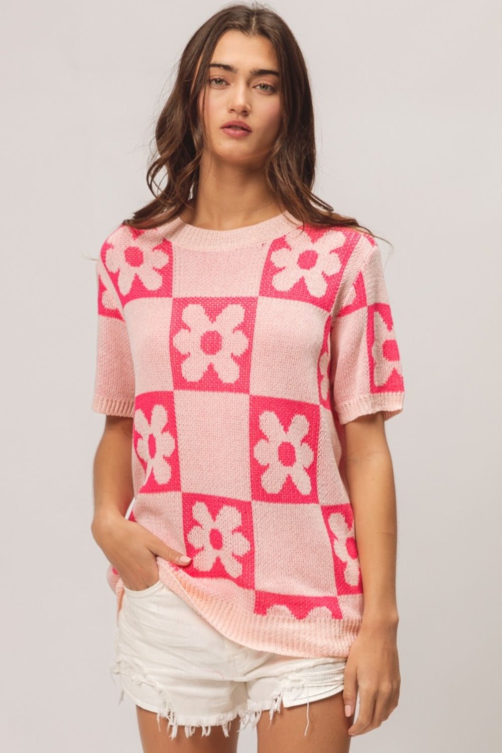 BiBi Flower Checker Pattern Short Sleeve Sweater - Runway Regalia