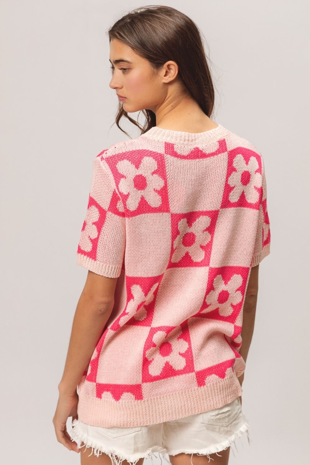 BiBi Flower Checker Pattern Short Sleeve Sweater - Runway Regalia