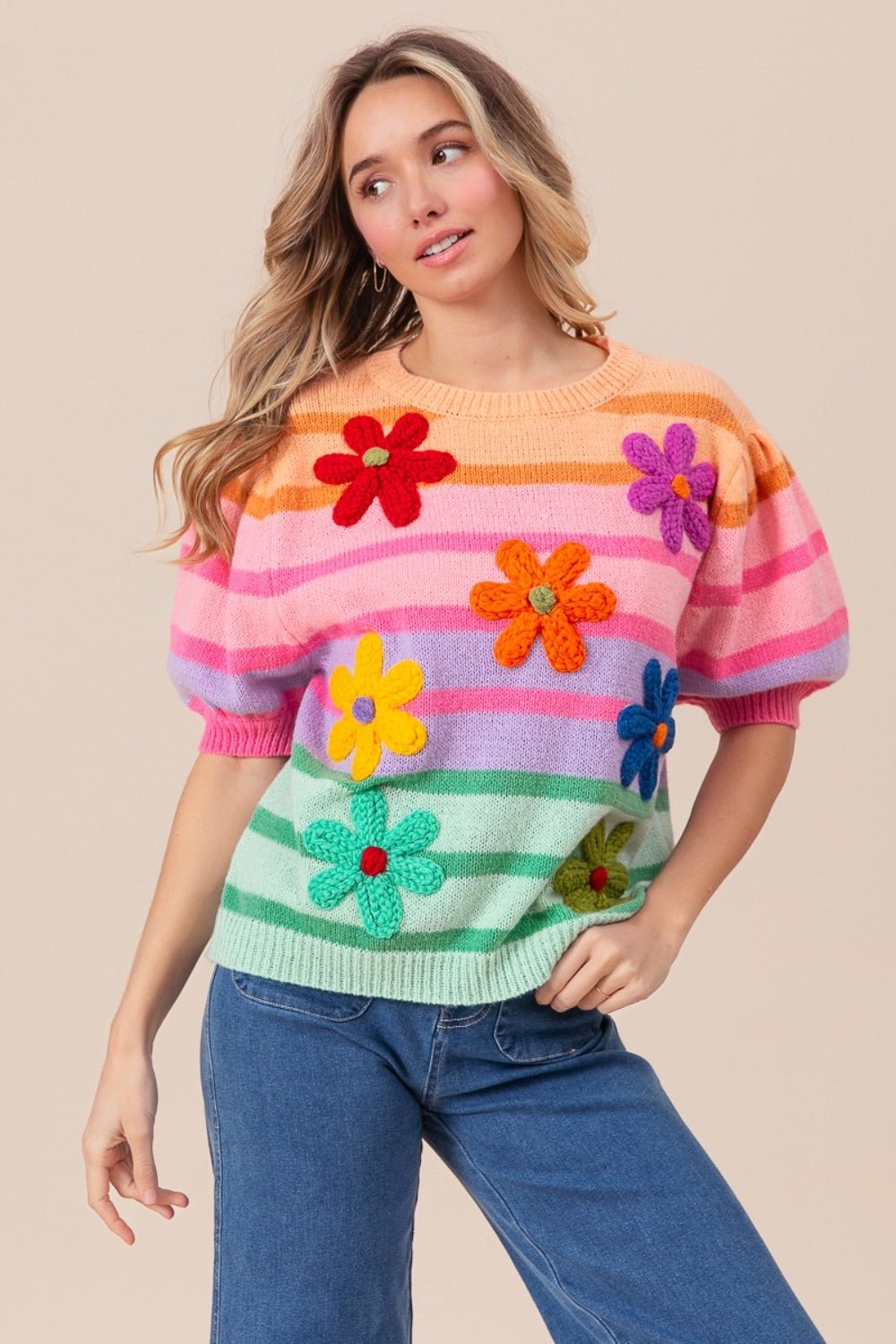 BiBi Flower Patch Puff Sleeve Striped Sweater - Runway Regalia