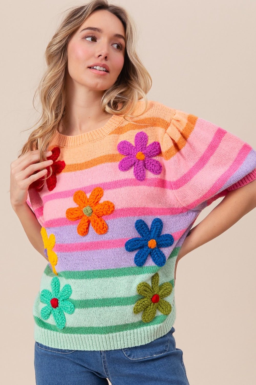 BiBi Flower Patch Puff Sleeve Striped Sweater - Runway Regalia