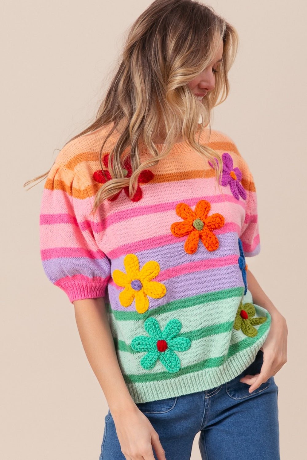 BiBi Flower Patch Puff Sleeve Striped Sweater - Runway Regalia