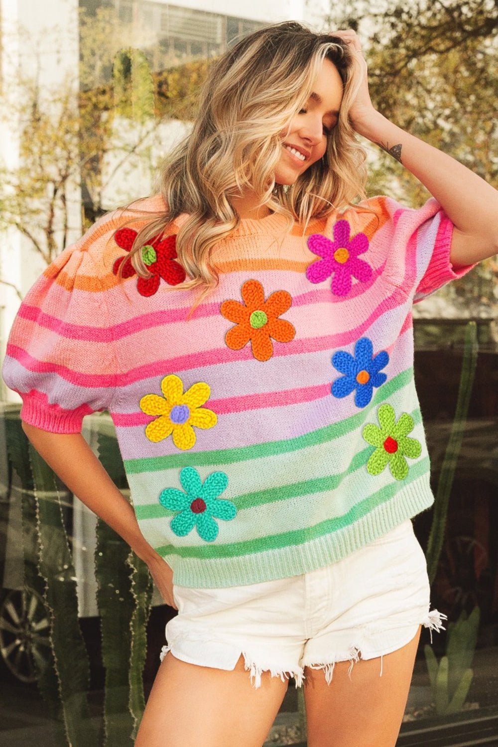 BiBi Flower Patch Puff Sleeve Striped Sweater - Runway Regalia