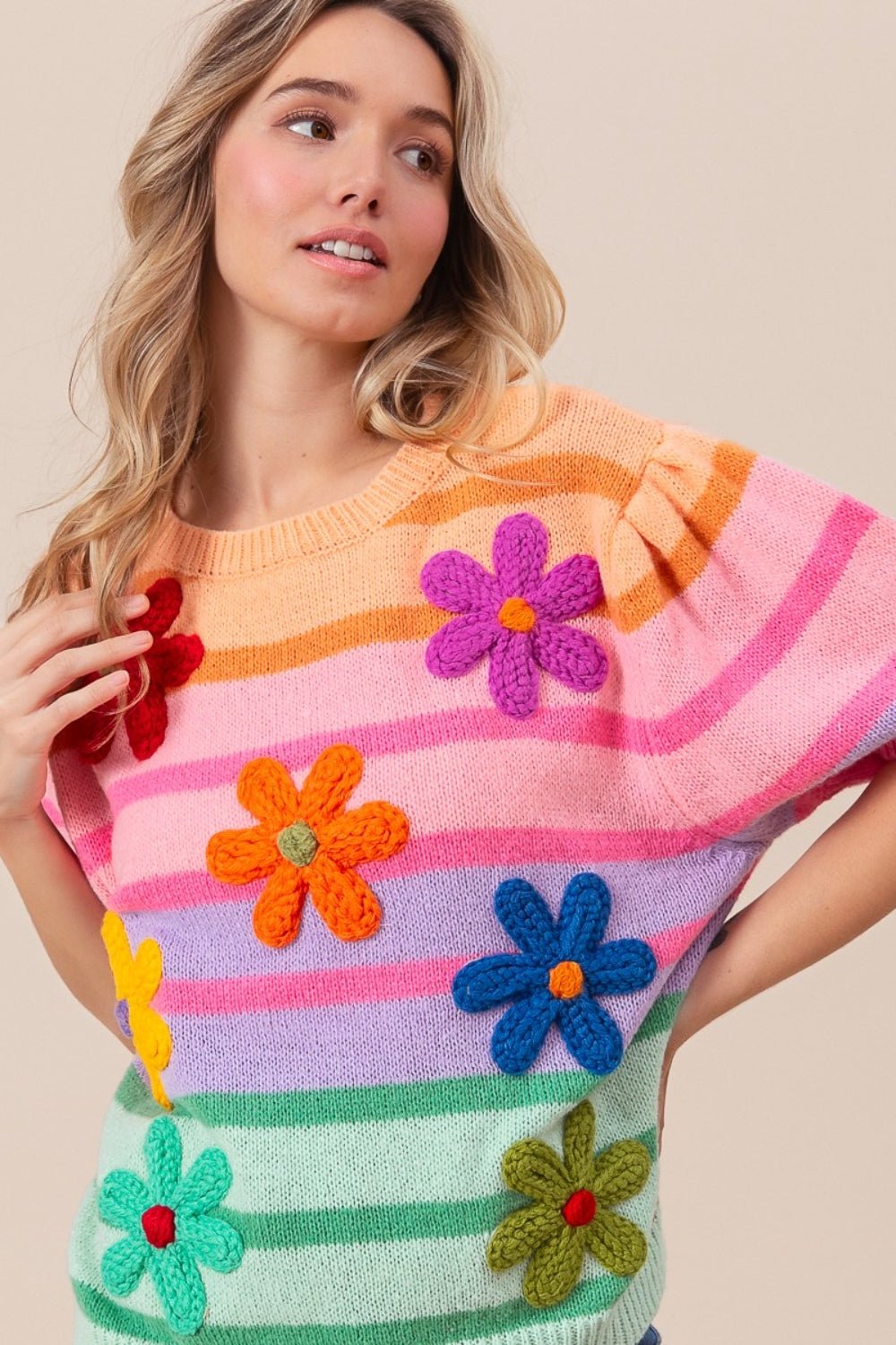 BiBi Flower Patch Puff Sleeve Striped Sweater - Runway Regalia