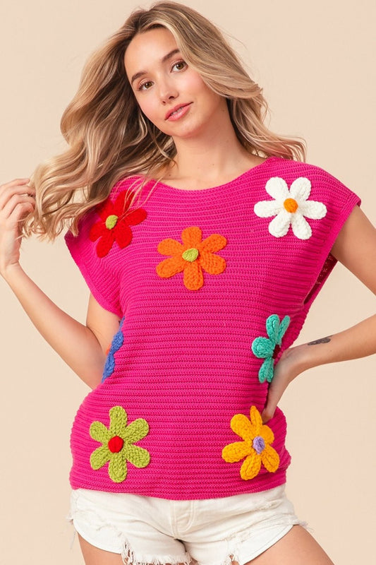 BiBi Flower Round Neck Cap Sleeve Knit Top - Runway Regalia