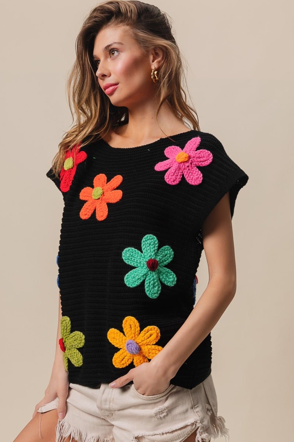 BiBi Flower Round Neck Cap Sleeve Knit Top - Runway Regalia