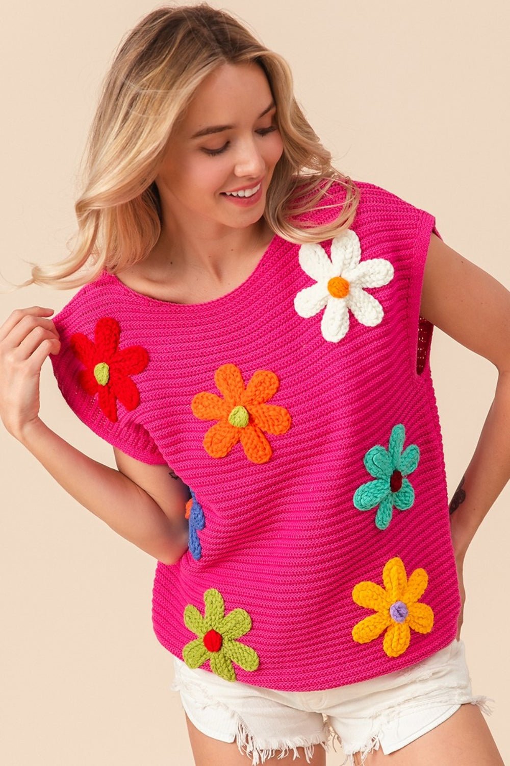 BiBi Flower Round Neck Cap Sleeve Knit Top - Runway Regalia