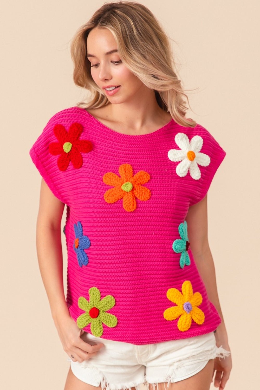 BiBi Flower Round Neck Cap Sleeve Knit Top - Runway Regalia