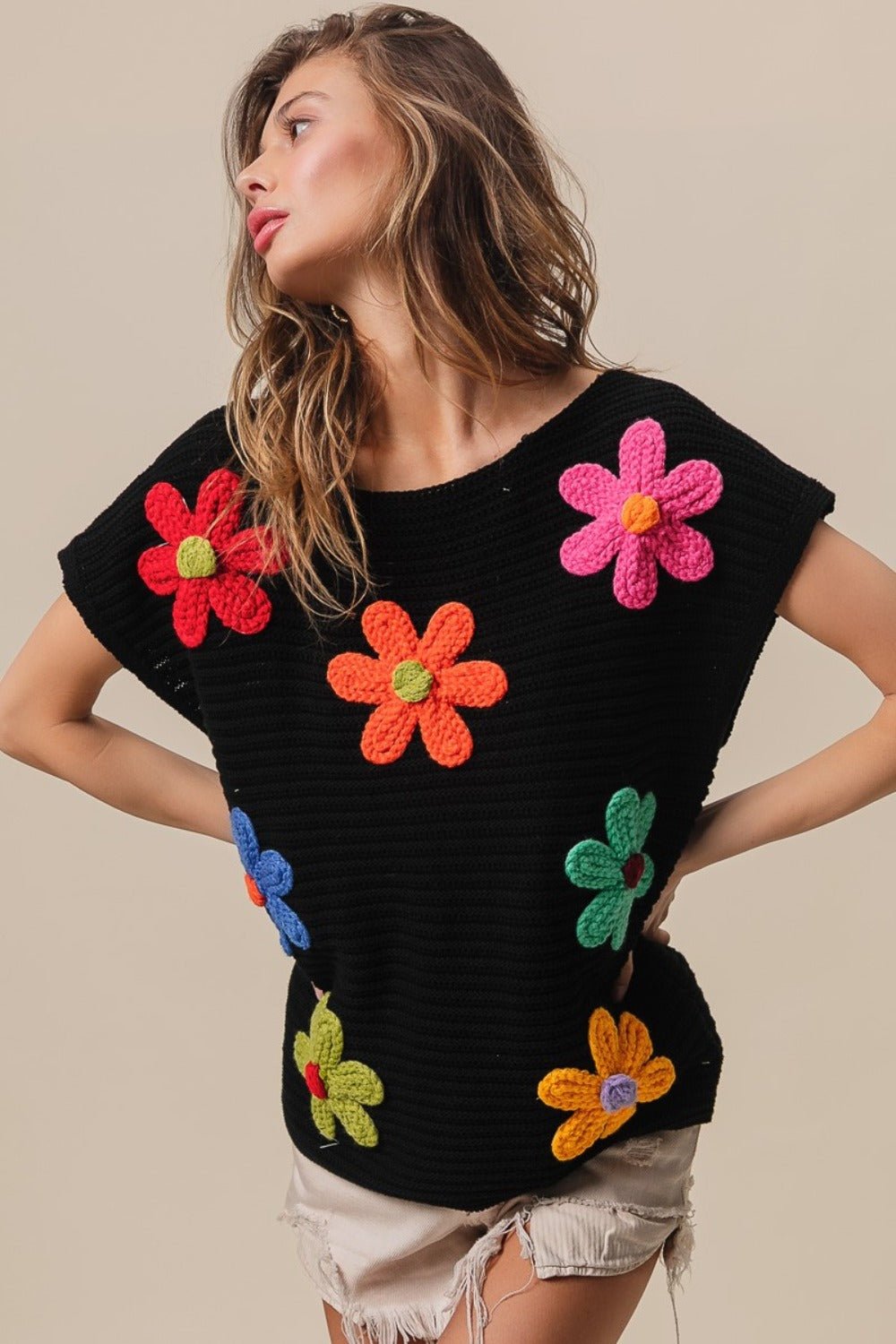 BiBi Flower Round Neck Cap Sleeve Knit Top - Runway Regalia