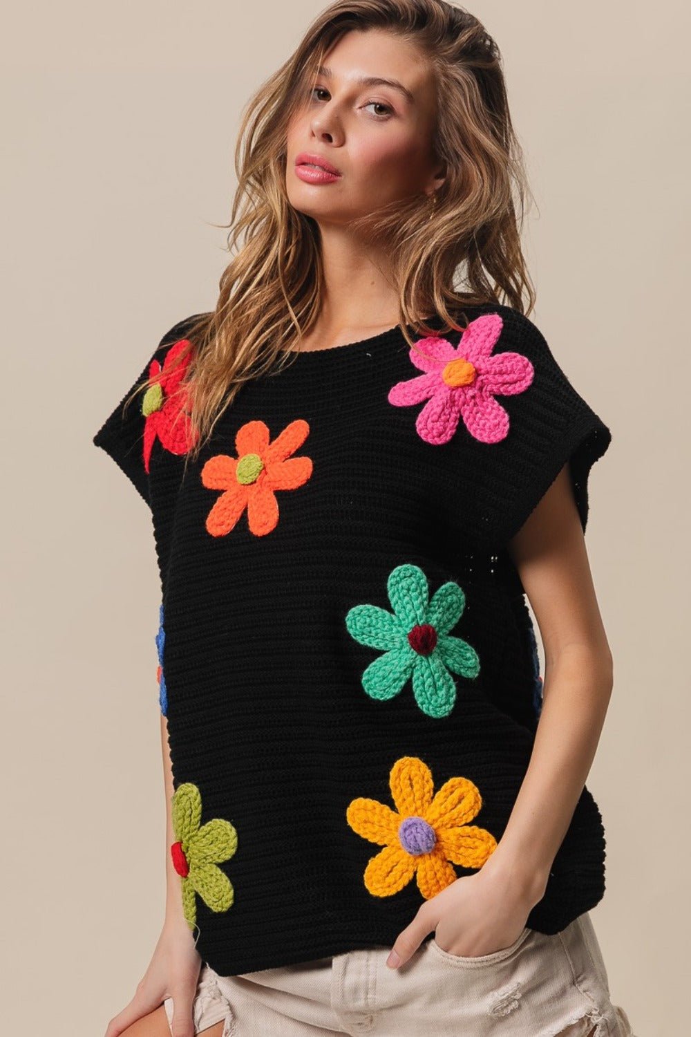 BiBi Flower Round Neck Cap Sleeve Knit Top - Runway Regalia