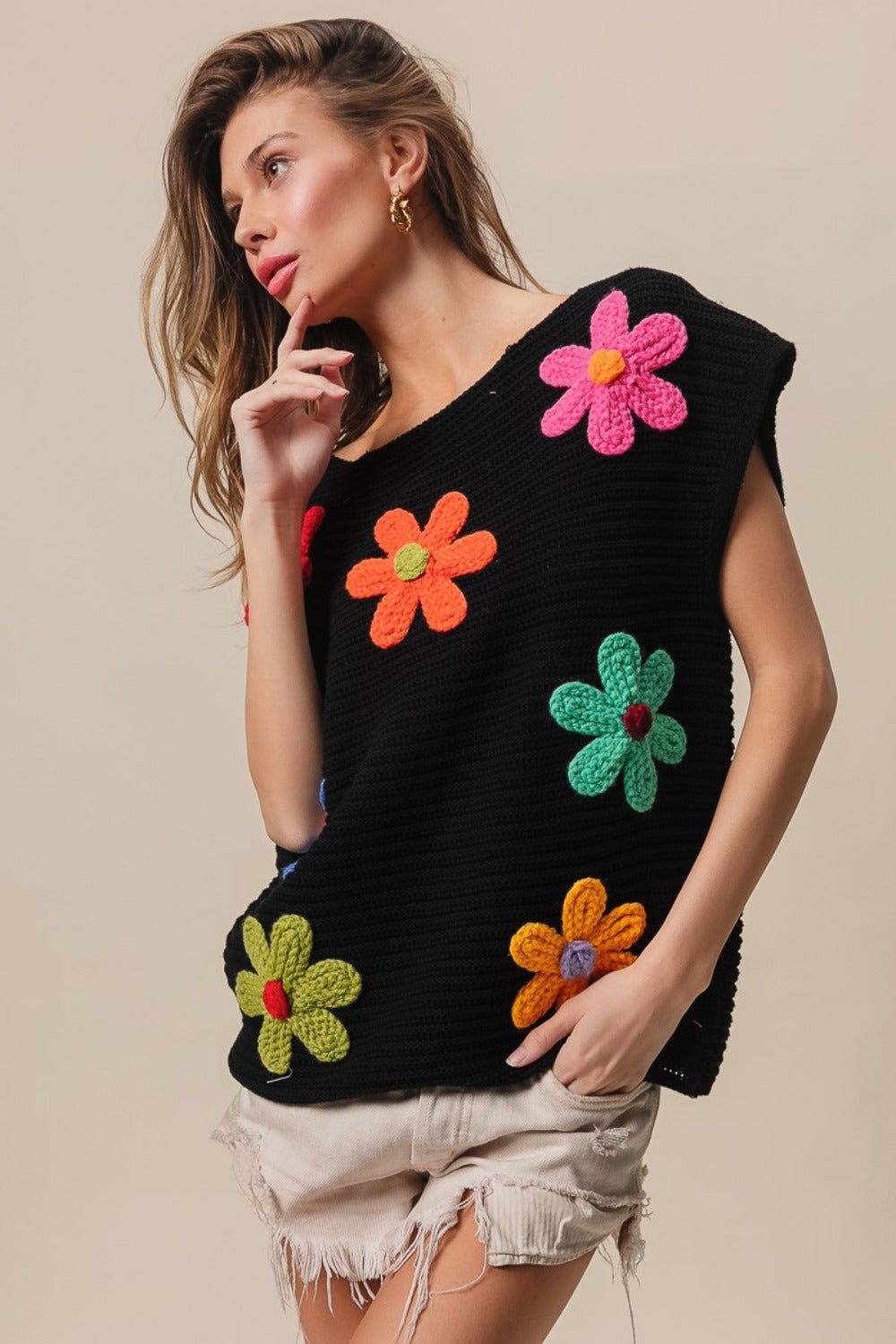 BiBi Flower Round Neck Cap Sleeve Knit Top - Runway Regalia