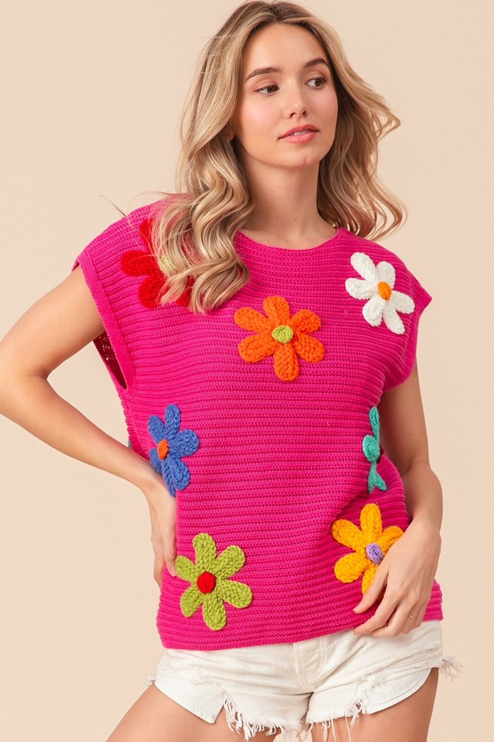 BiBi Flower Round Neck Cap Sleeve Knit Top - Runway Regalia