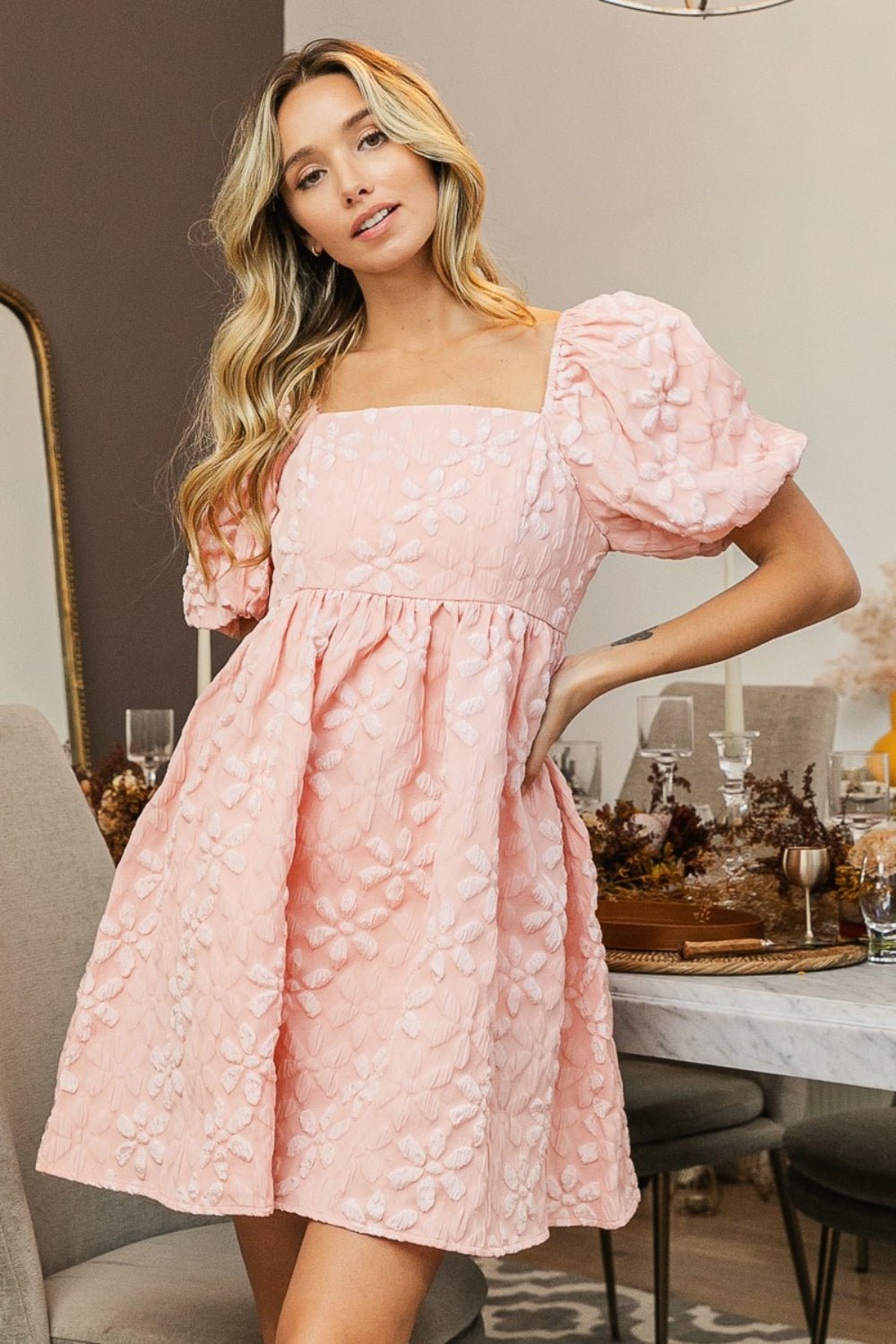 BiBi Flower Square Neck Puff Sleeve Dress - Runway Regalia