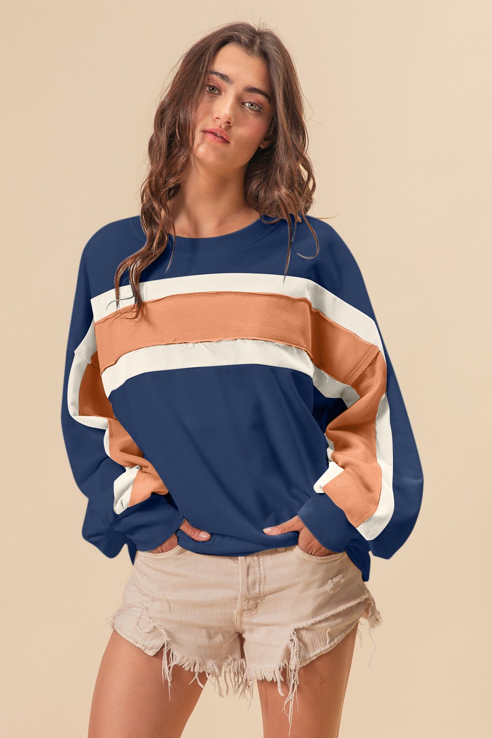 BiBi French Terry Color Block Cut Edge Detail Sweatshirt - Runway Regalia