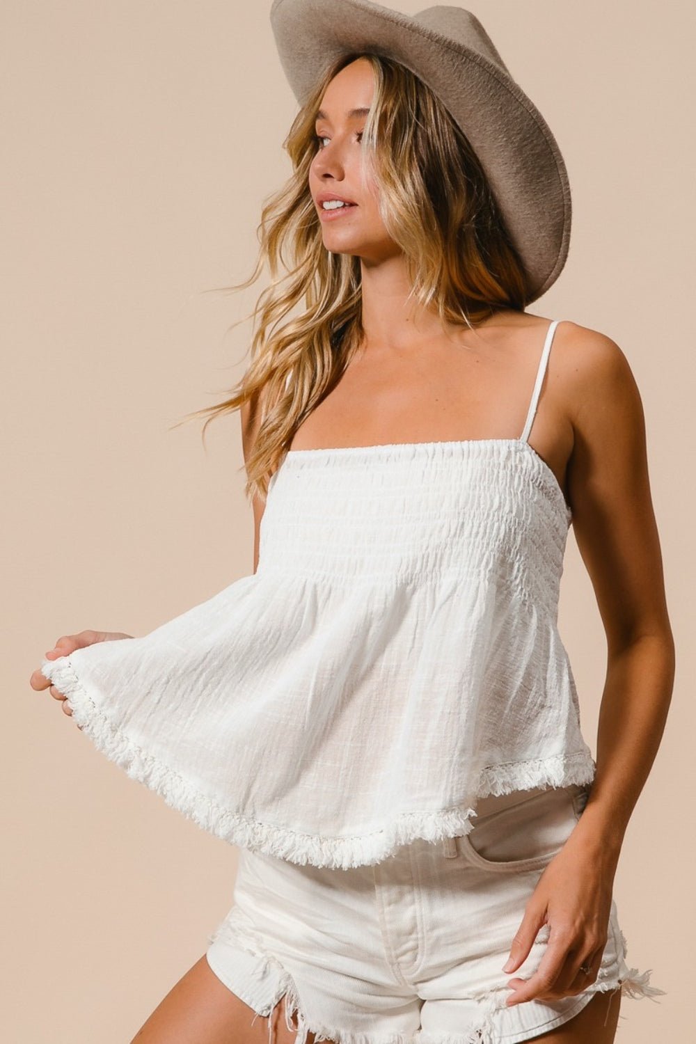 BiBi Fringed Hem Smocked Cami - Runway Regalia