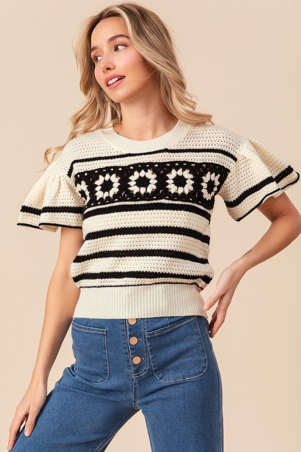 BiBi Granny Square Short Sleeve Striped Sweater - Runway Regalia