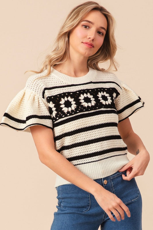 BiBi Granny Square Short Sleeve Striped Sweater - Runway Regalia