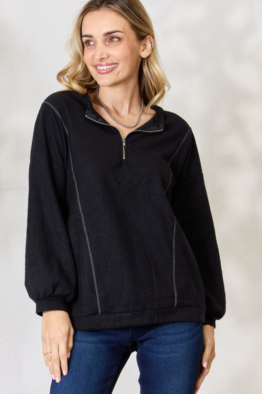 BiBi Half Zip Brushed Terry Long Sleeve Top - Runway Regalia