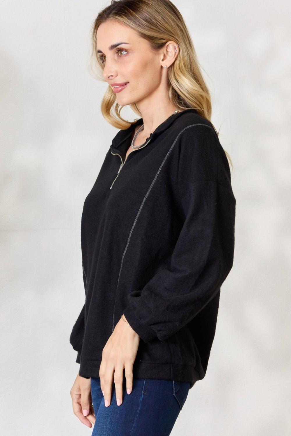 BiBi Half Zip Brushed Terry Long Sleeve Top - Runway Regalia