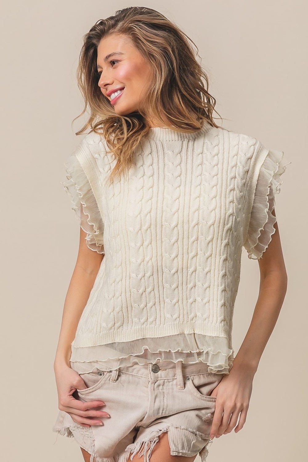 BiBi Layered Pleat Chiffon Edge Cable Knit Top - Runway Regalia