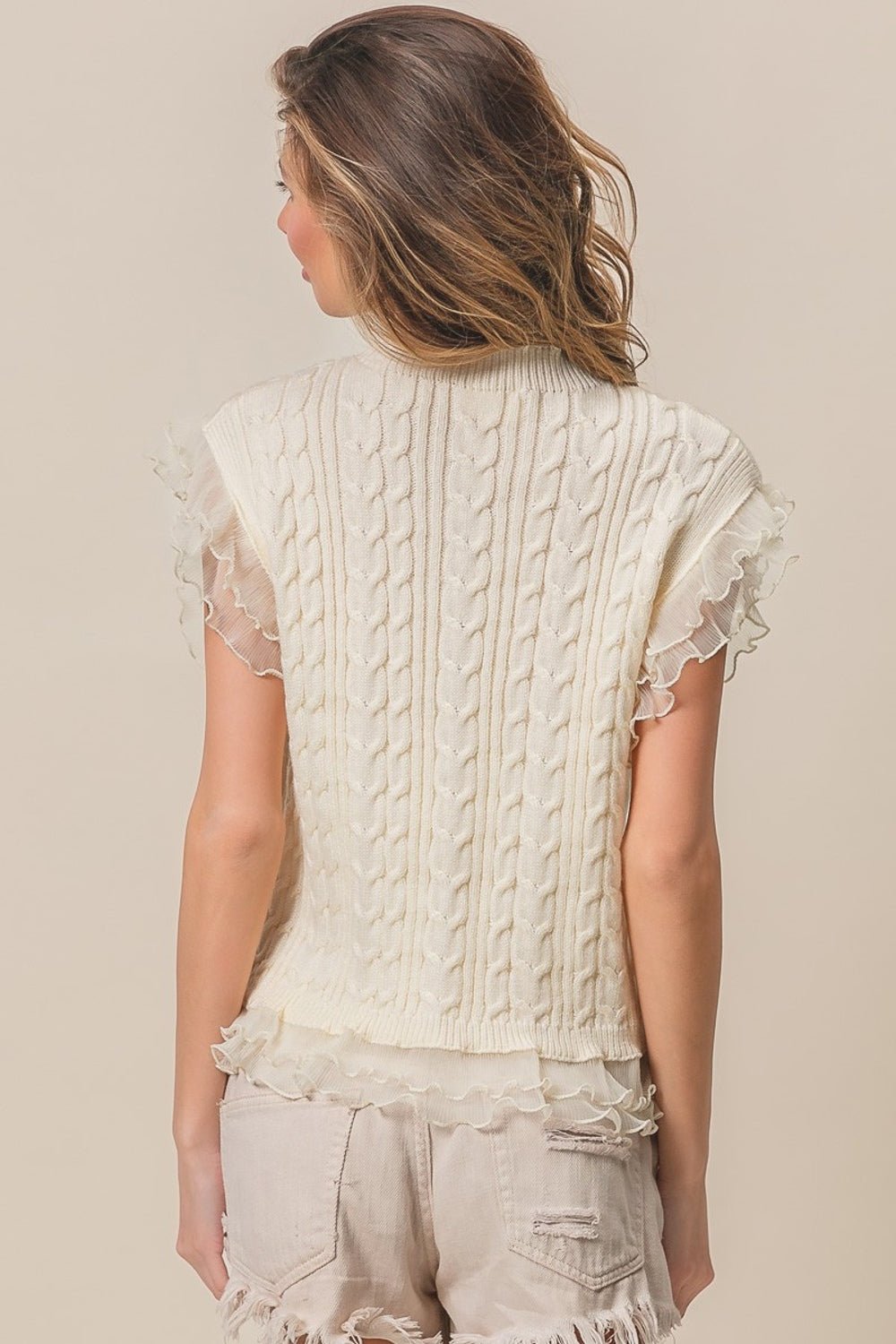 BiBi Layered Pleat Chiffon Edge Cable Knit Top - Runway Regalia