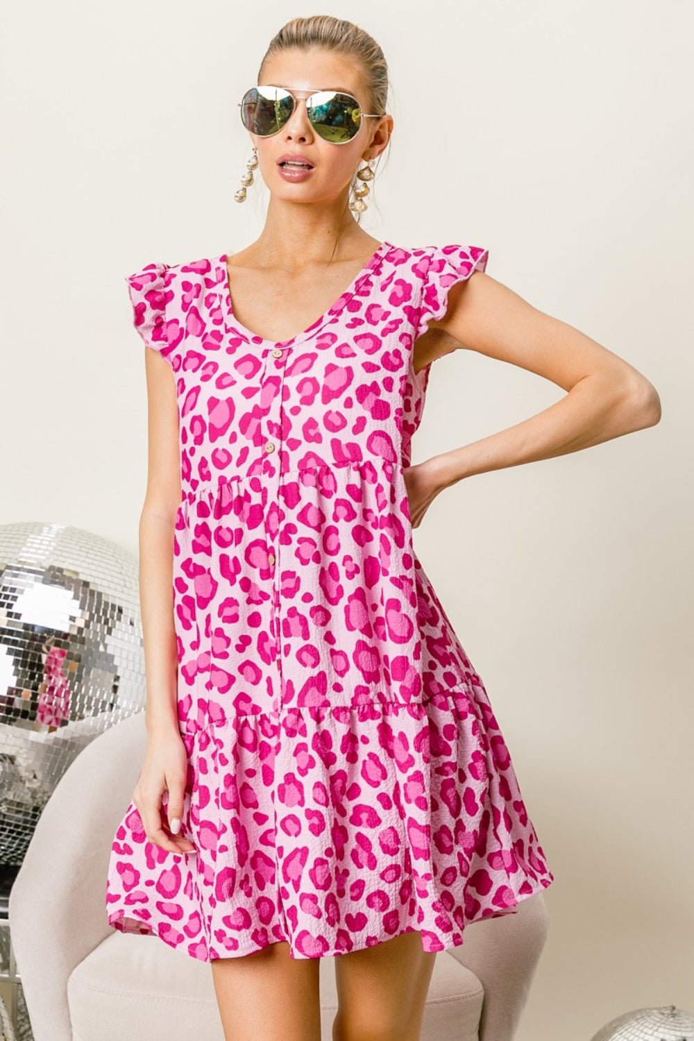 BiBi Leopard Cap Sleeve Tiered Mini Dress - Runway Regalia