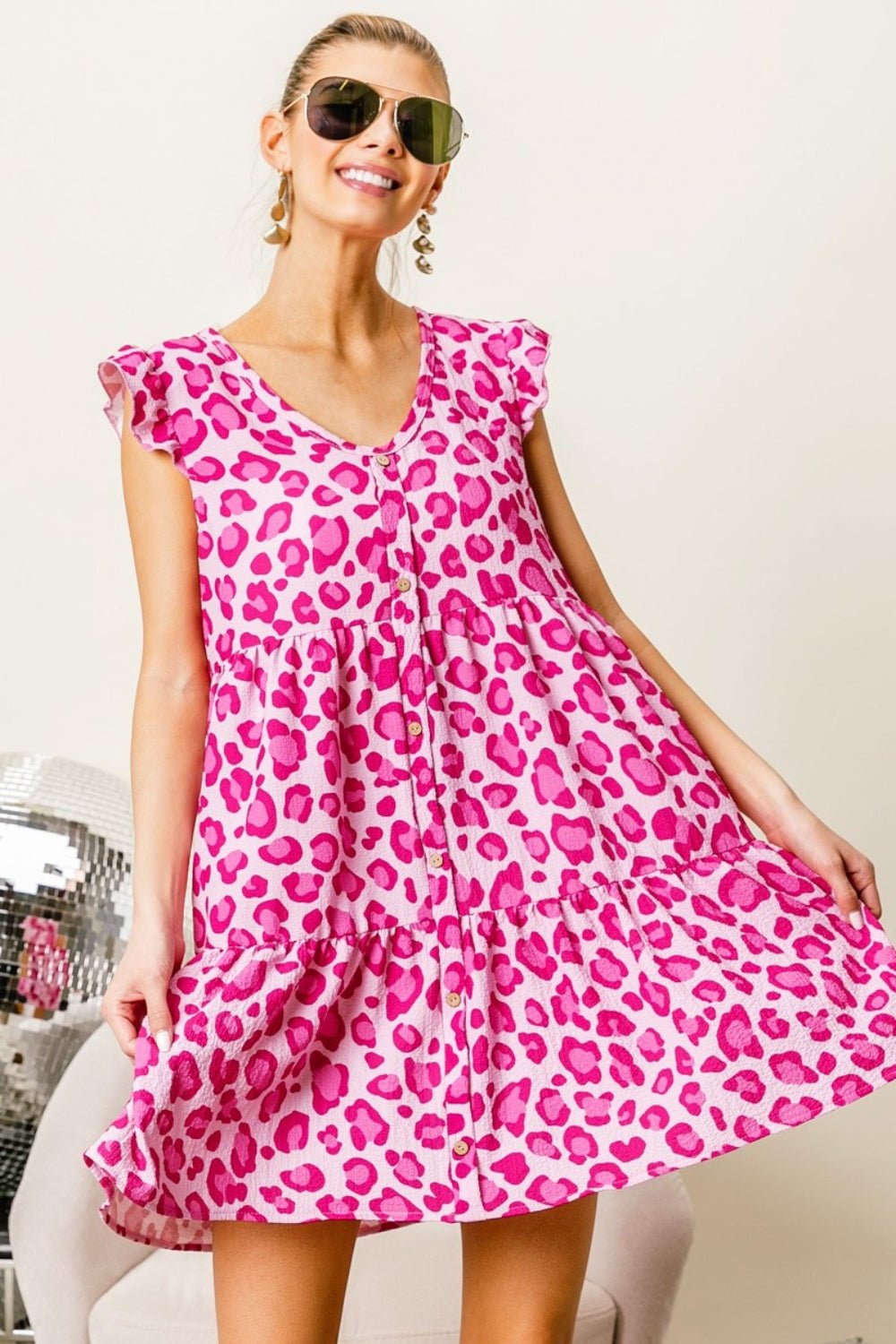 BiBi Leopard Cap Sleeve Tiered Mini Dress - Runway Regalia