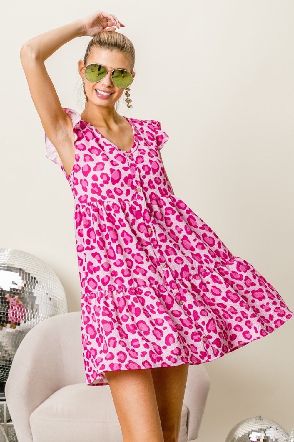 BiBi Leopard Cap Sleeve Tiered Mini Dress - Runway Regalia