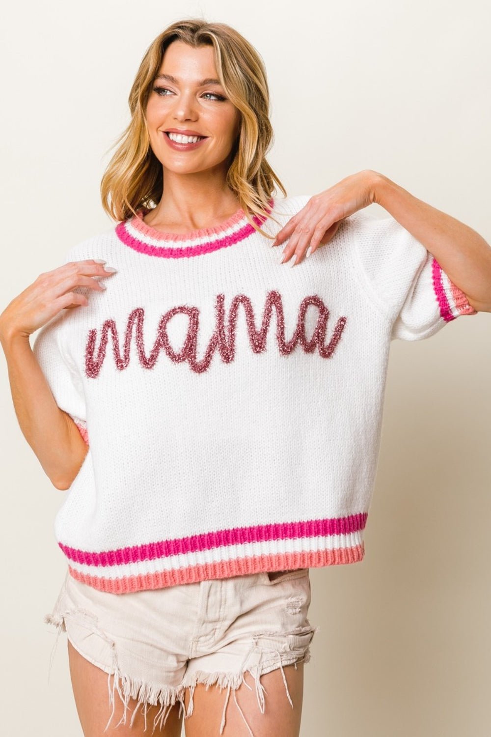 BiBi MAMA Contrast Trim Short Sleeve Sweater - Runway Regalia