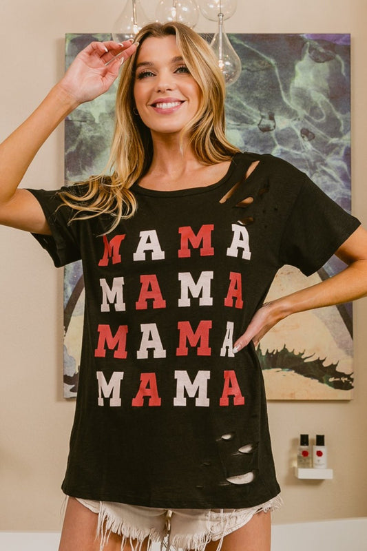 BiBi MAMA Graphic Distressed Short Sleeve T-Shirt - Runway Regalia