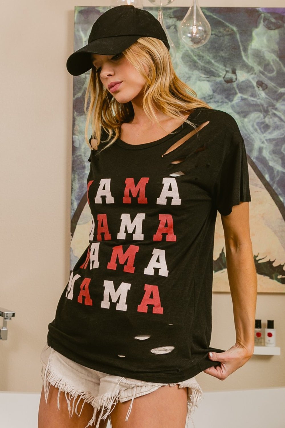 BiBi MAMA Graphic Distressed Short Sleeve T-Shirt - Runway Regalia